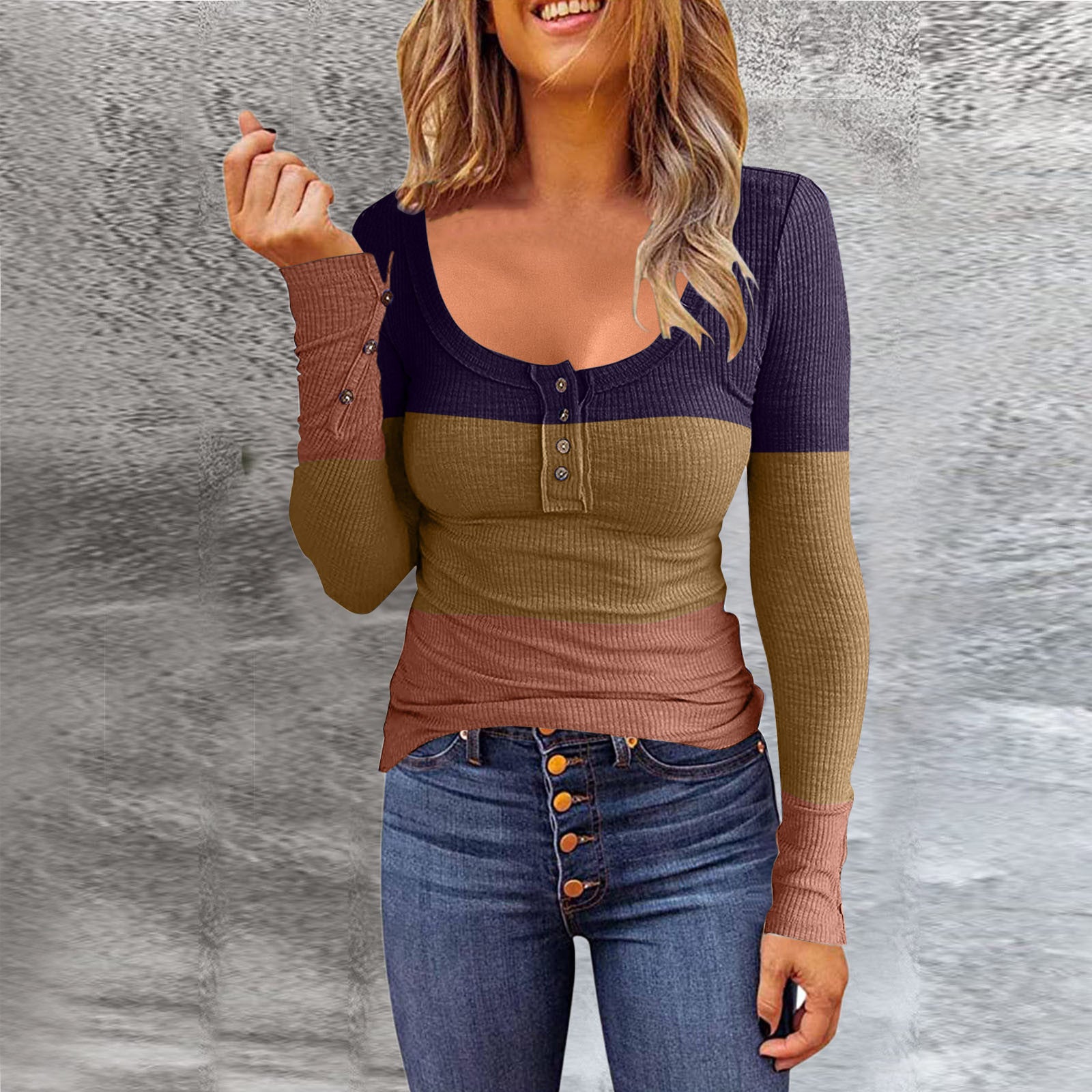 Women's Color Gradient Round Neck Pullover Button Long Blouses