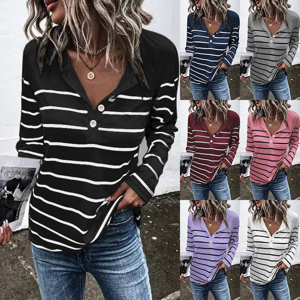 Women's Striped Round Neck Button Casual Loose Long Sleeve Blouses