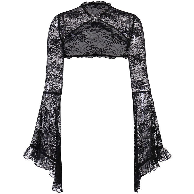 Women's Clothes Flared Sleeves Loose Sexy Lace Cutout Bag Blouses