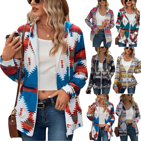 Geometric Pattern Long Sleeve Loose Hooded Pocket Sweaters