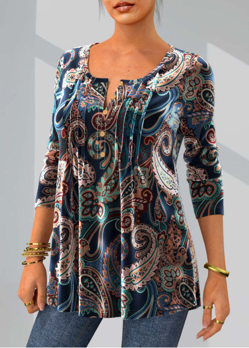 Women's Spring Print Round Neck Long-sleeved Blouses