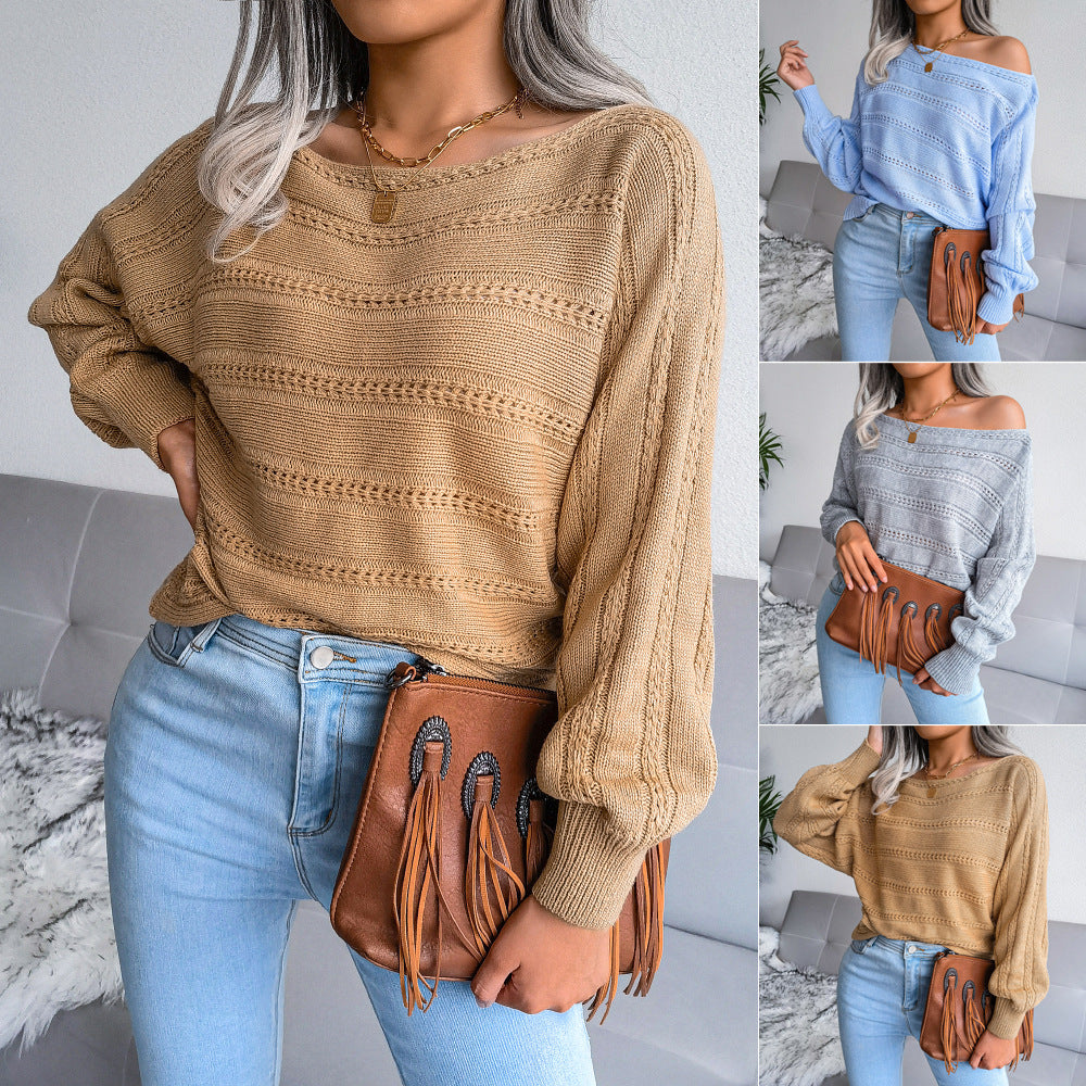 Women's Off-neck Off-the-shoulder Hollow-out Twist Casual Knitted Sweaters