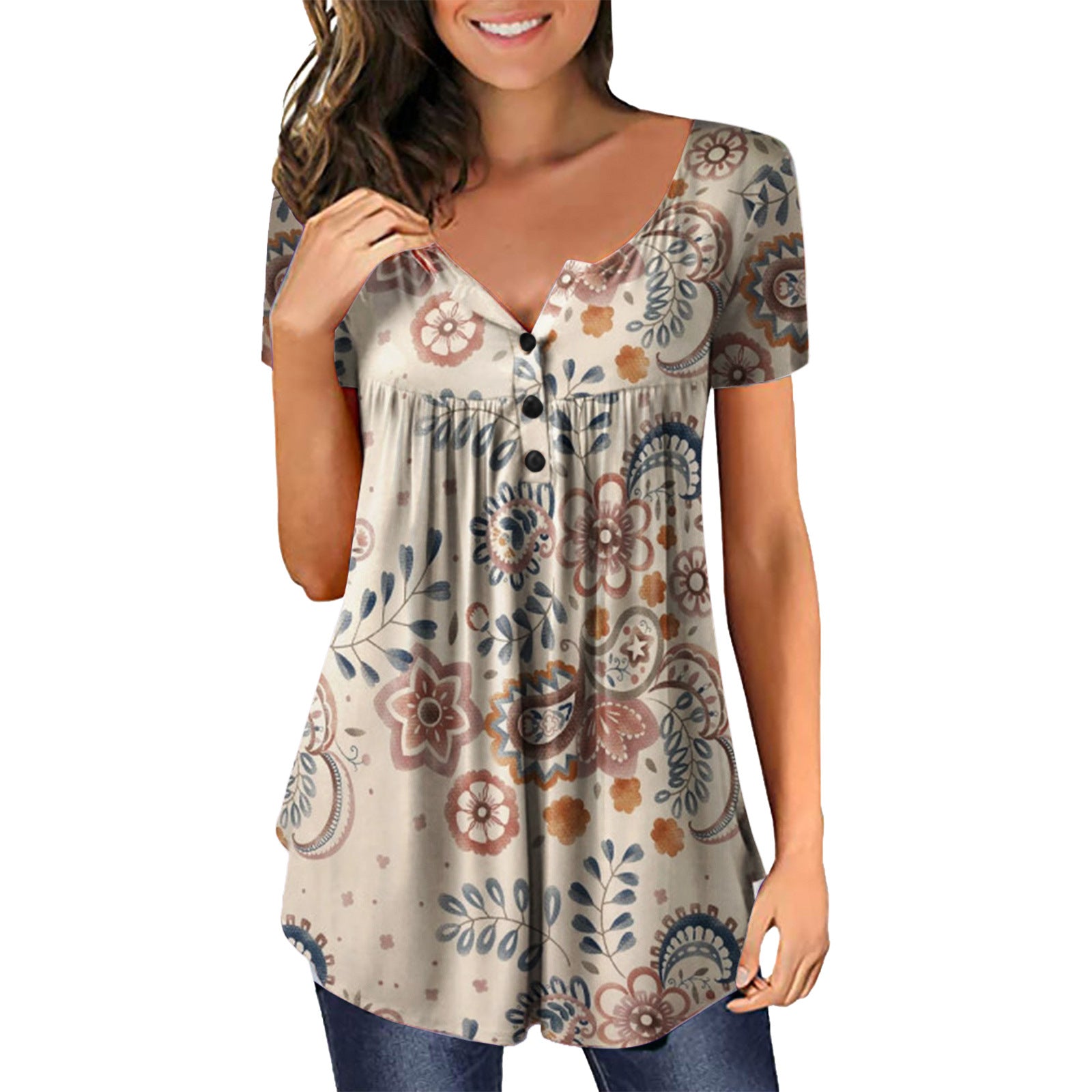 Women's Sleeve Printed Pleating Button Loose V-neck Blouses