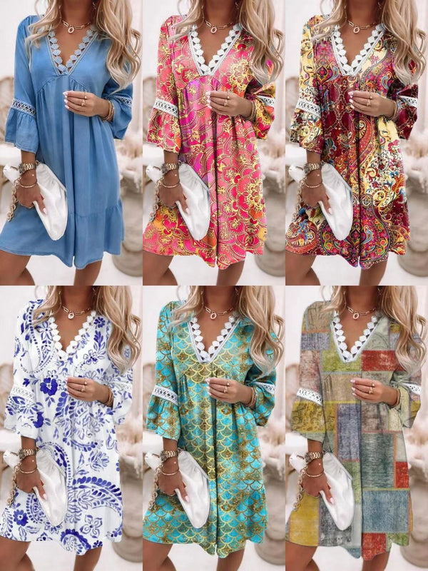 Spring Collar Printed Lace Stitching Bohemian Casual Dresses