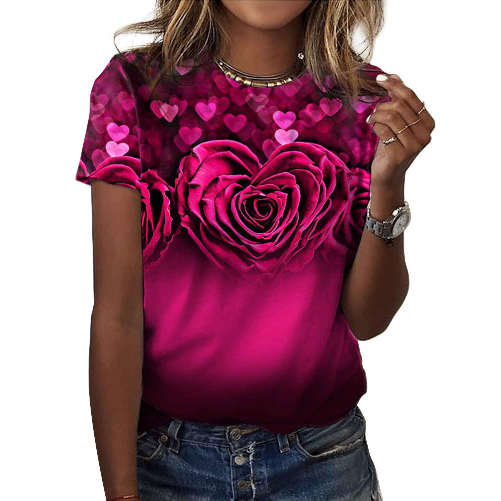 Women's Rose Print Loose Round Neck Sleeve Blouses