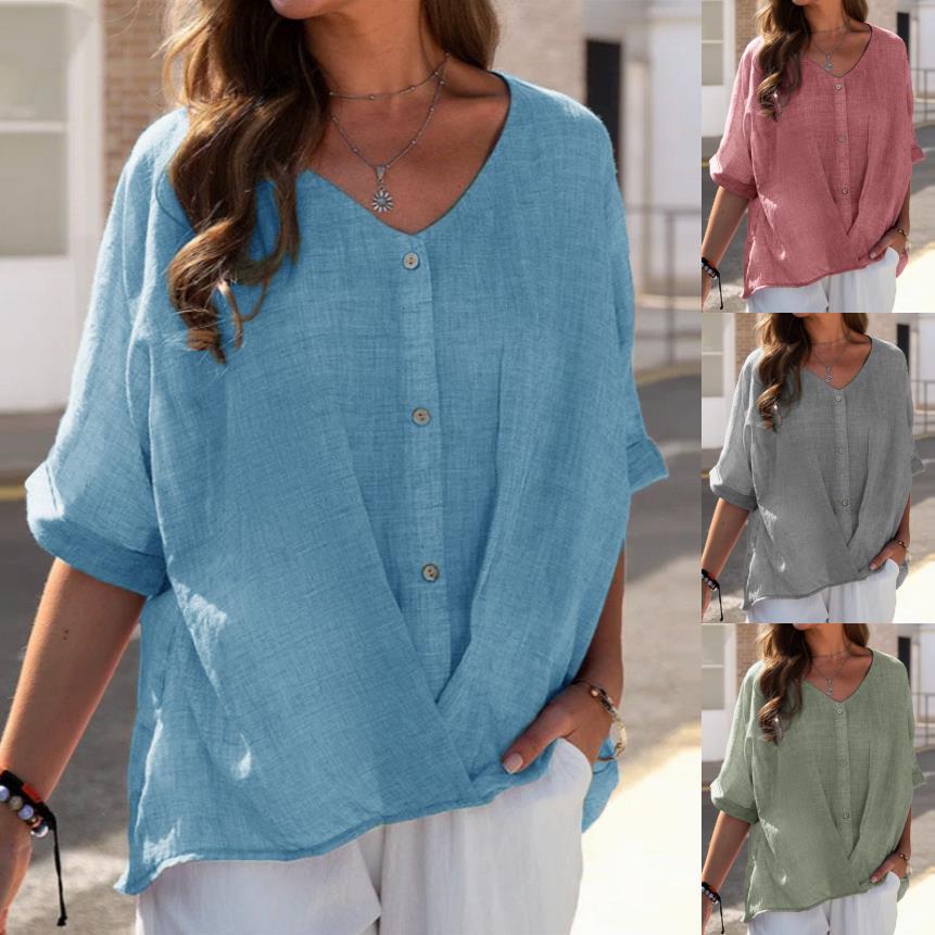 Women's Cotton Linen V-neck Pullover Sleeve Loose Tops