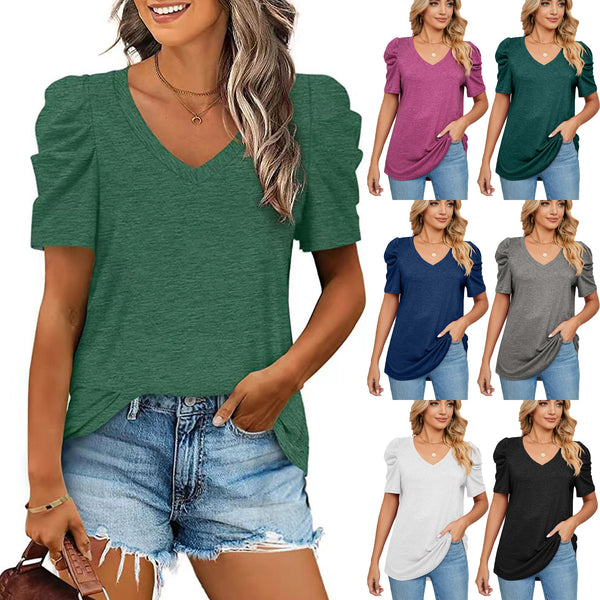 Summer Solid Color V-neck Loose Pleated Blouses