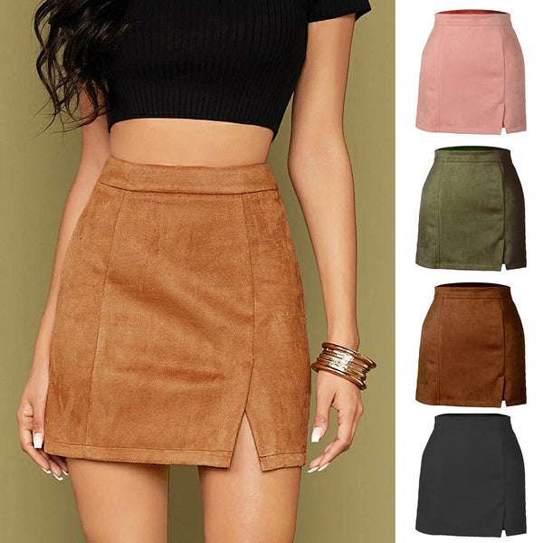 Women's Suede Hip High Waist Zipper Solid Skirts