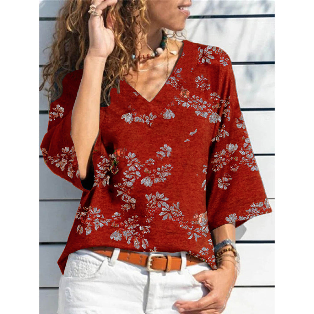 Women's Autumn Sleeve V-neck Printed Casual Loose-fitting Blouses