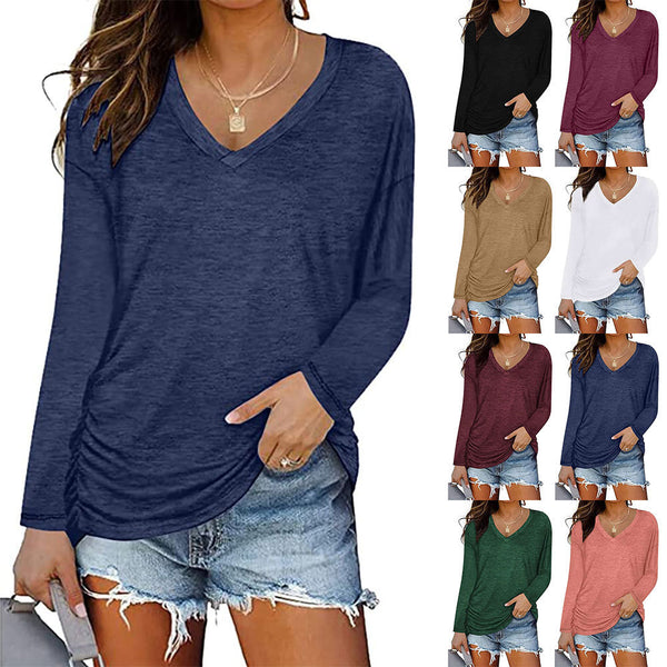 Women's V-neck Pleating Long Sleeve T-shirt Solid Color Blouses