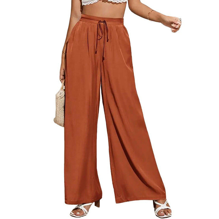 Women's Summer High Waist Casual Pure Color Elastic Lace-up Loose Pants