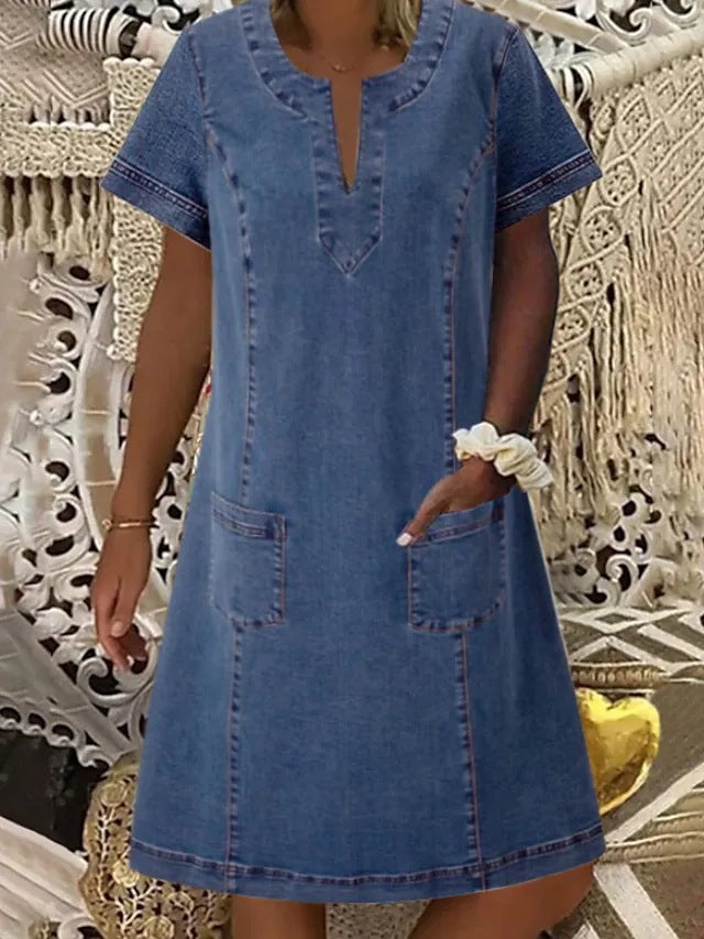 Robe en jean à manches courtes pour femmes avec col et robes