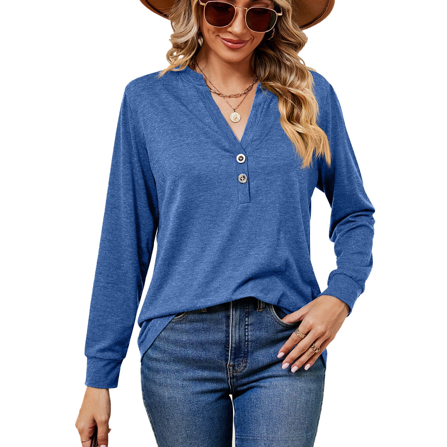 Women's Solid Color And Button Loose Long-sleeved Tops