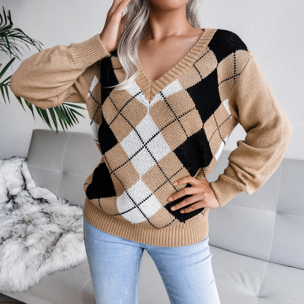 Classic Women's Comfortable College Rhombus Casual Sweaters