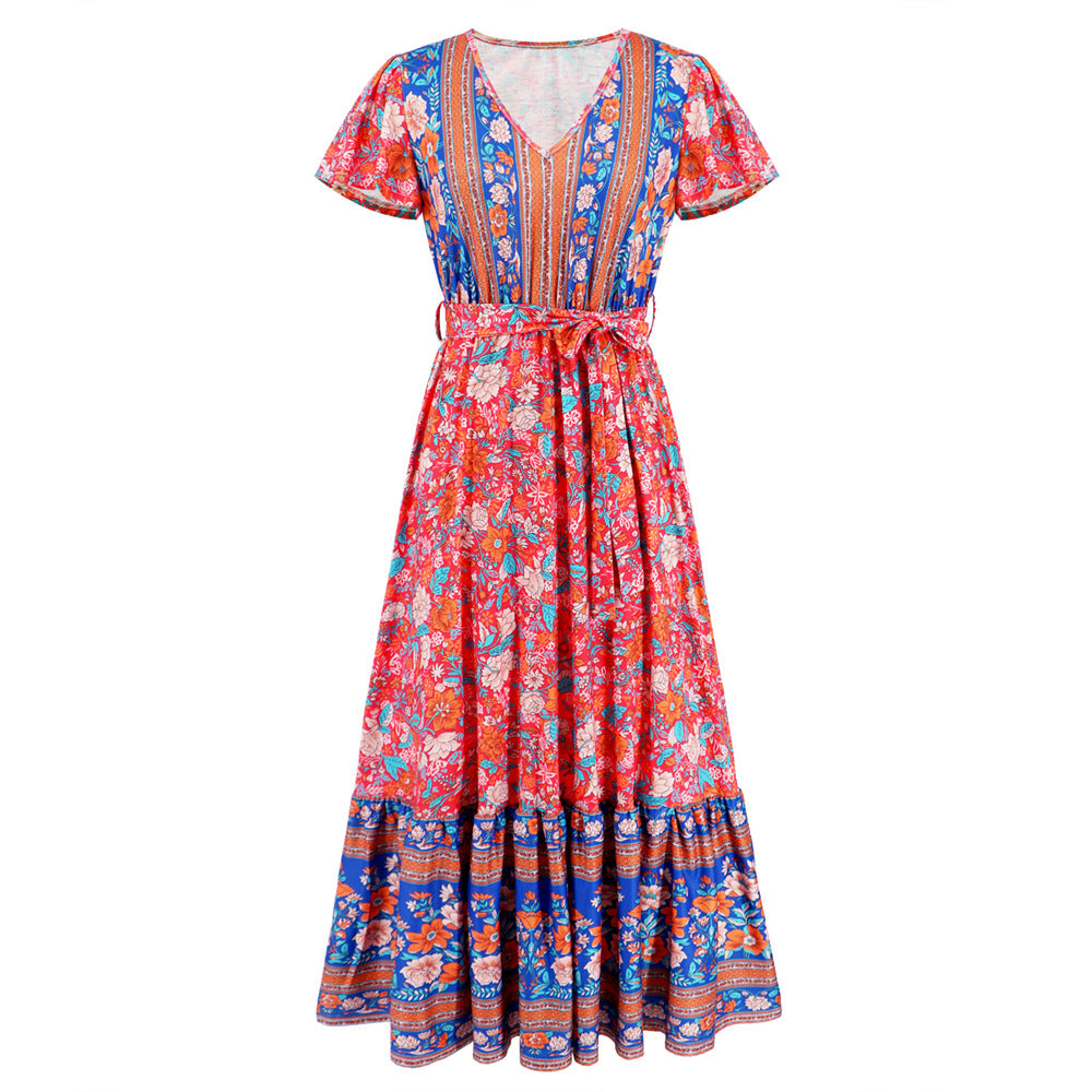 Women's Summer V-neck Ruffle Floral Print Long Dresses