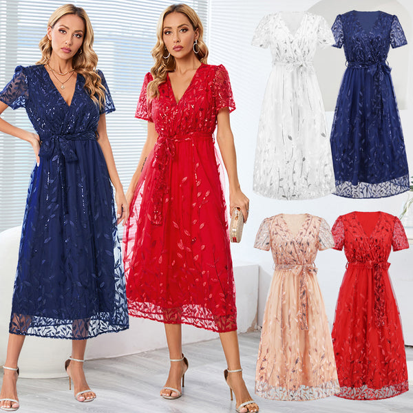 Women's Slim Temperament Embroidered Leaves Sequin Gauze Dresses