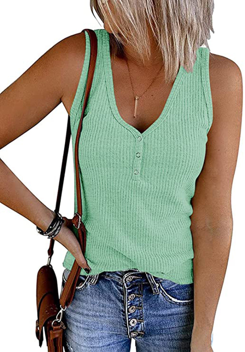 Women's Summer Breasted Knitted Solid Color V-neck Tops