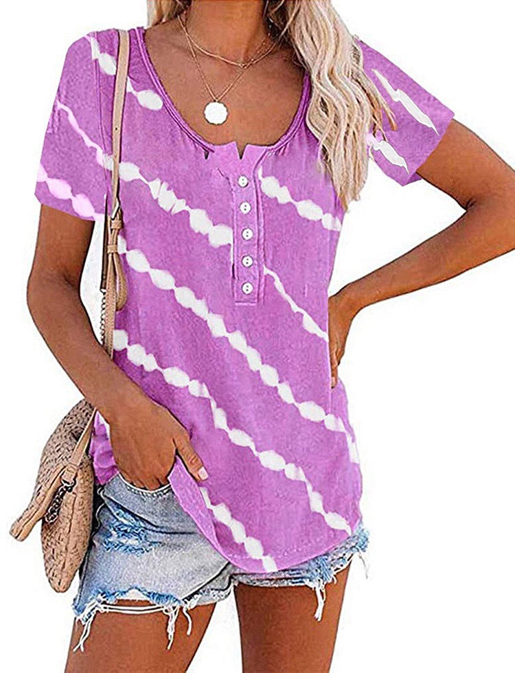 Women's Fashion Trend Neck Casual Stripe Button Sleeve Blouses