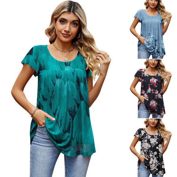 Women's Summer Mesh Loose Pleated Printed Elegant Blouses