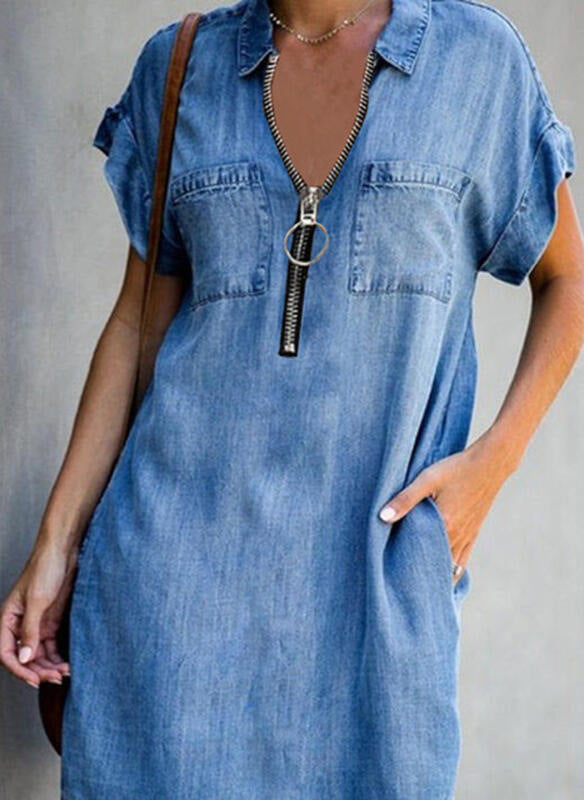 Collar Zipper Slim Fit Denim Dress Dresses