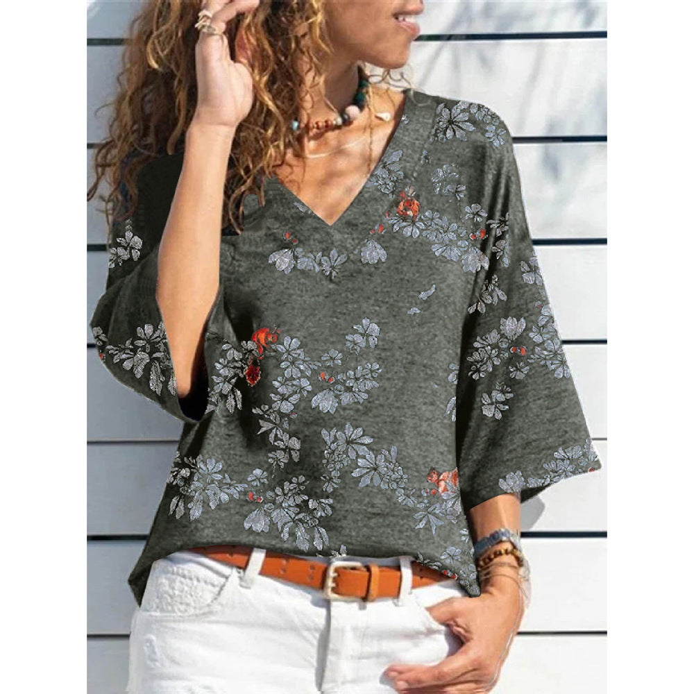 Women's Autumn Sleeve V-neck Printed Casual Loose-fitting Blouses