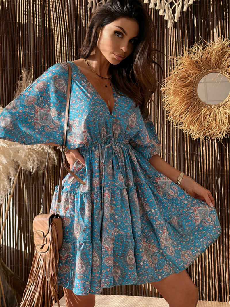 Summer High Waist Pullover Sleeve Printed Dresses