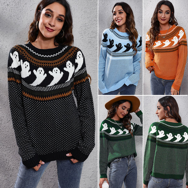 Women's Halloween Ghost Retro Dots Long-sleeved Knitted Sweaters