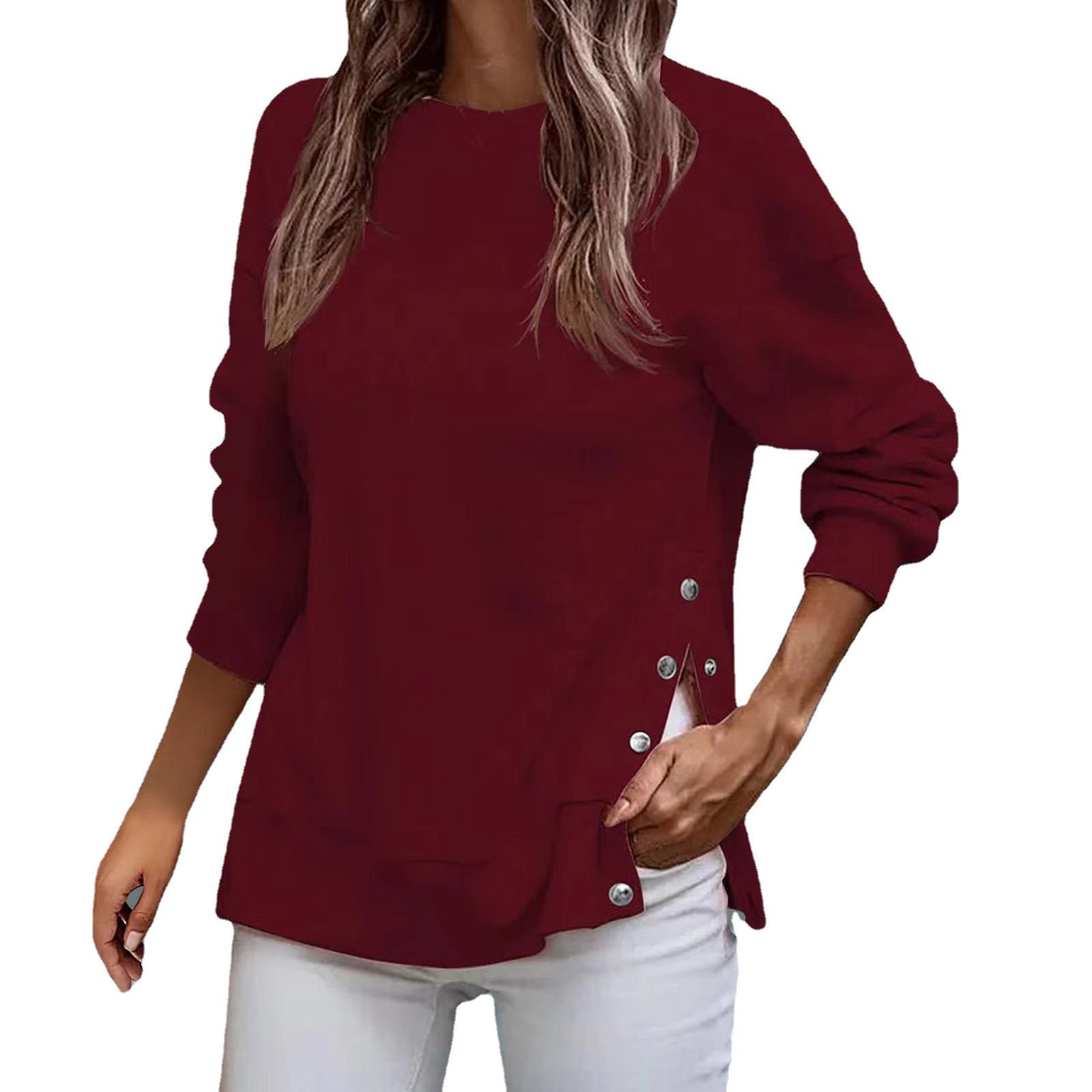 Women's Round Neck Drop-shoulder Long-sleeve Button T-shirt Sweaters