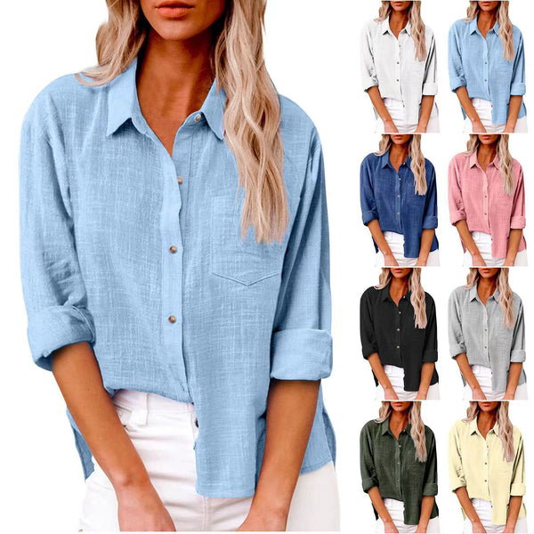 Women's Autumn Pocket Split Linen Long-sleeved Blouses