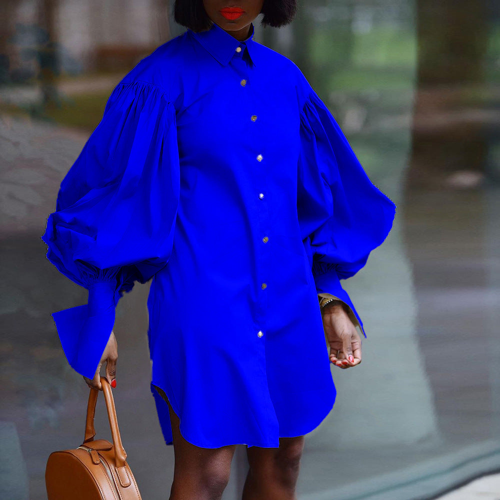 Robes chemise longues décontractées à manches bouffantes pour femmes, couleur unie