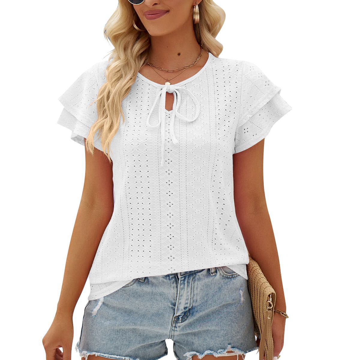 Women's Summer Hole Hollow-out Lace-up Double-layer Sleeve Blouses