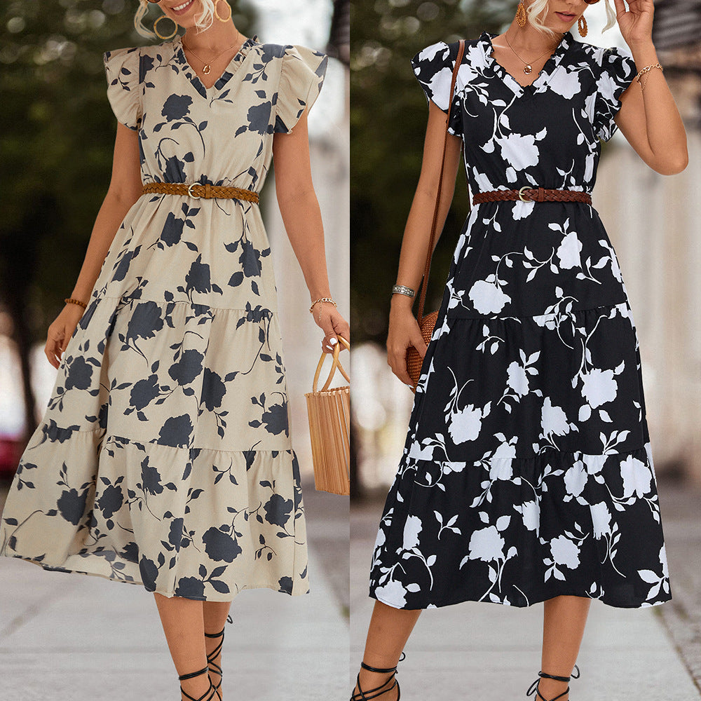 Graceful Stylish V-neck Printed Flying Sleeves Dresses