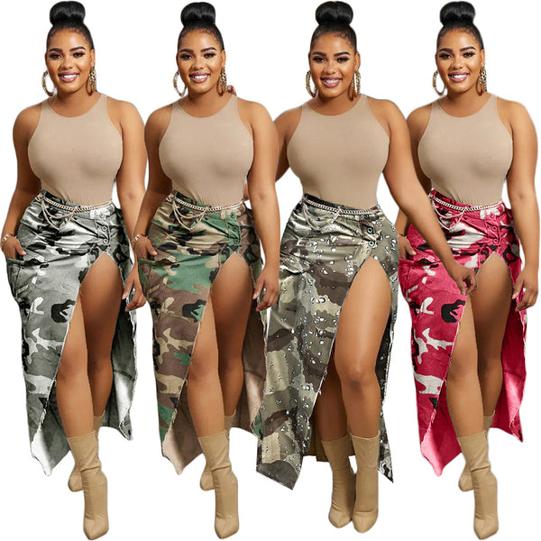 Jupes mi-longues fendues à grande poche imprimées camouflage pour femmes