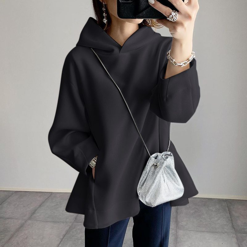 Women's Style Solid Color Pocket Long Sleeve Hem Sweaters