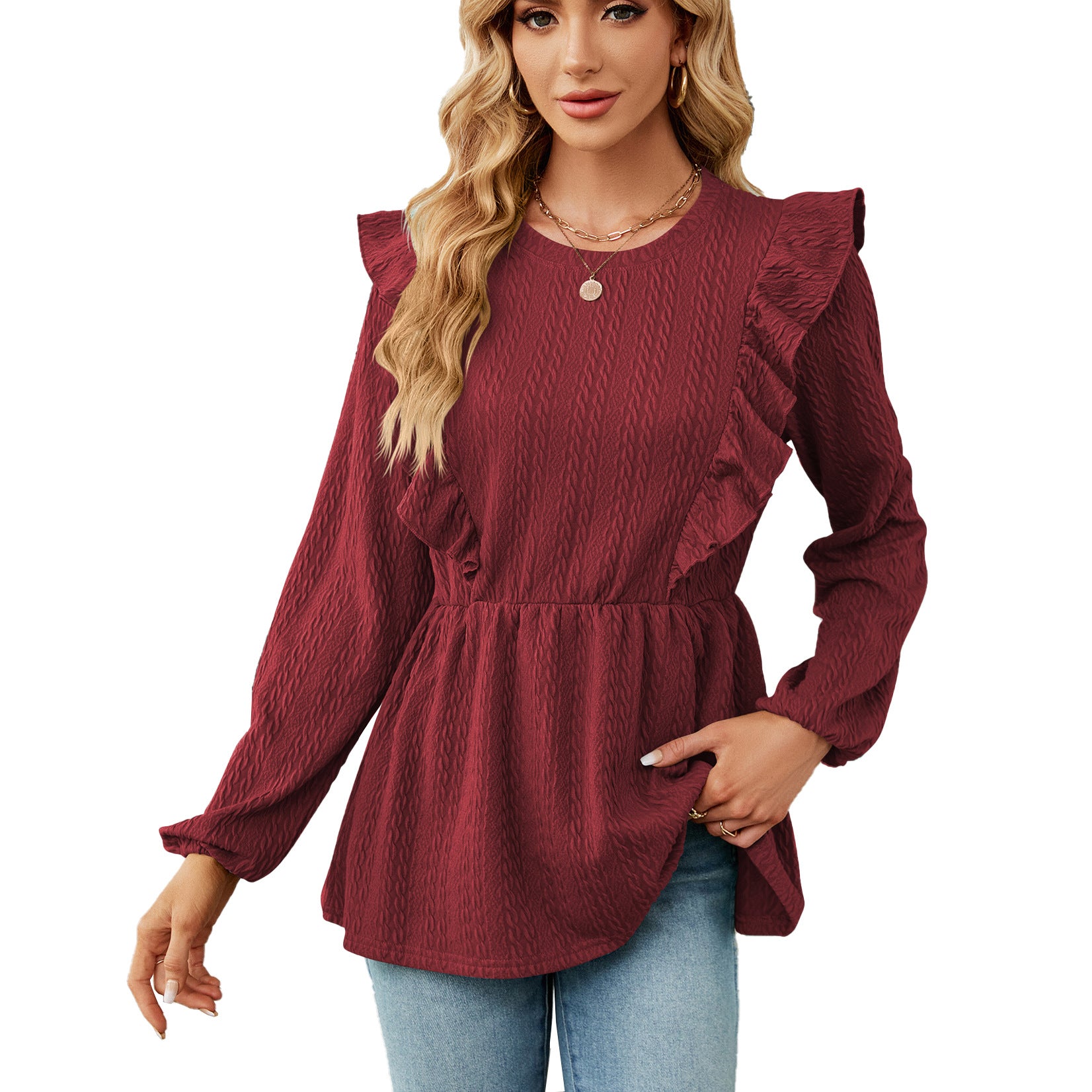 Women's Solid Color Pleated Patchwork Round Neck Blouses