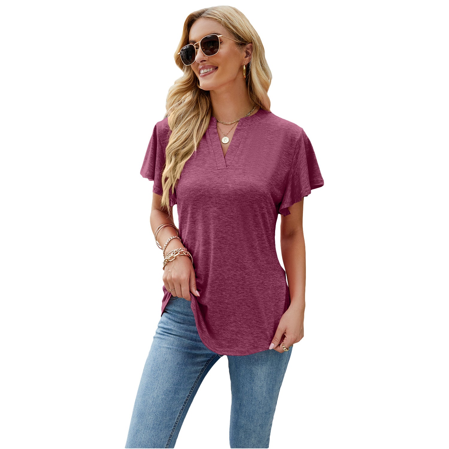 Women's Summer V-neck Ruffled Sleeve Dovetail Short-sleeved Blouses