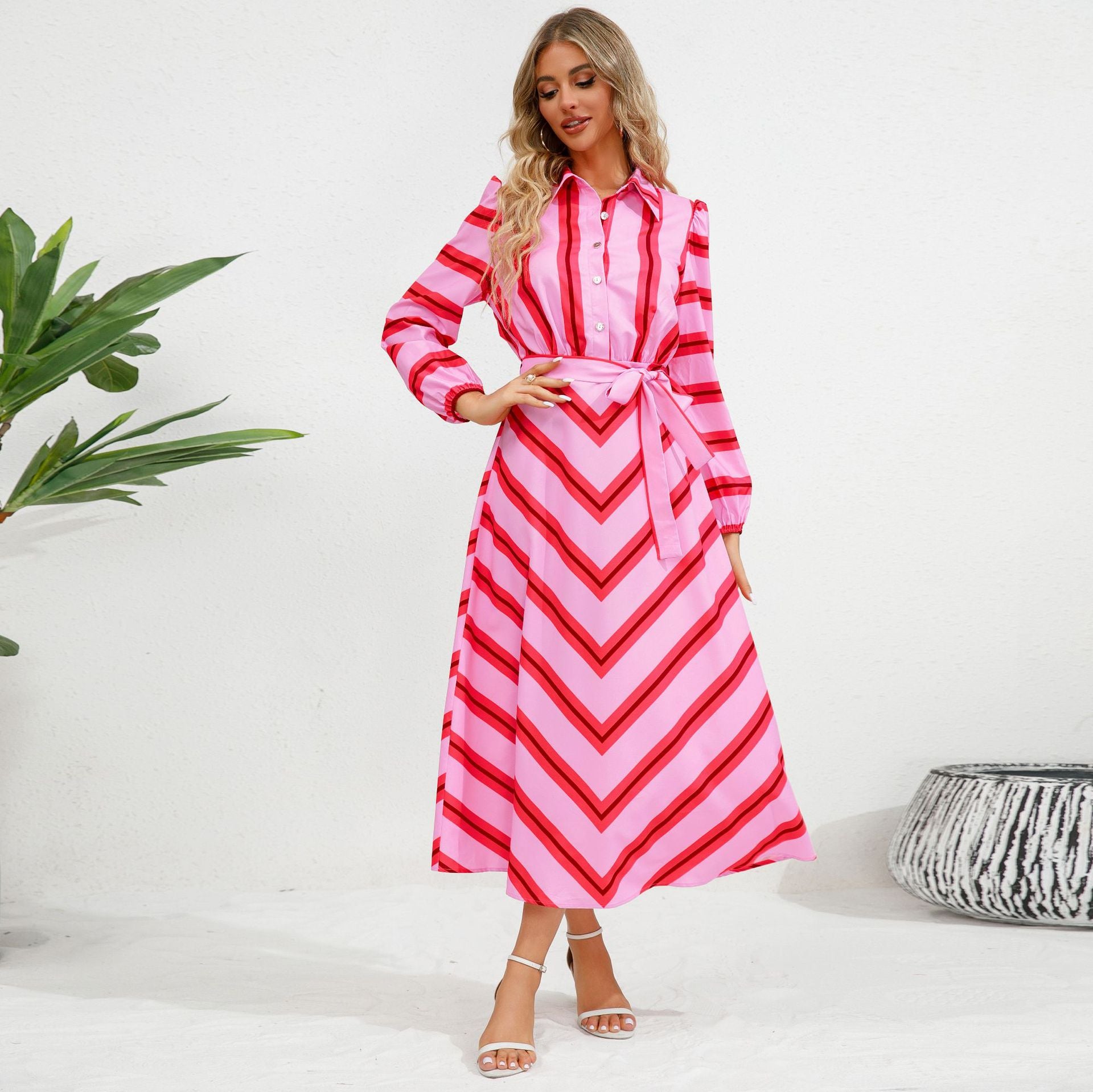 Women's Elegant Striped Printed Button Cinched Dress Dresses