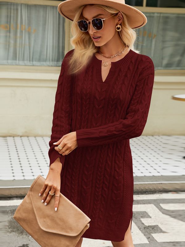 Women's Midi Knitted Dress Pure Color Split Sweaters