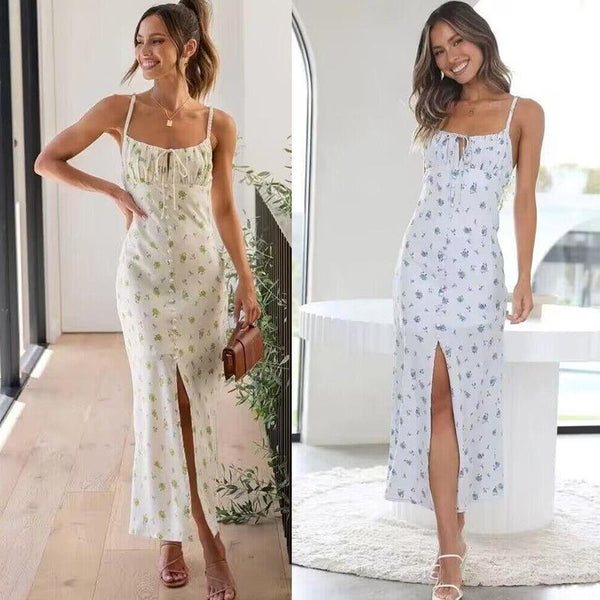 Women's Summer Floral Strap Single-breasted Beaded Split Dresses