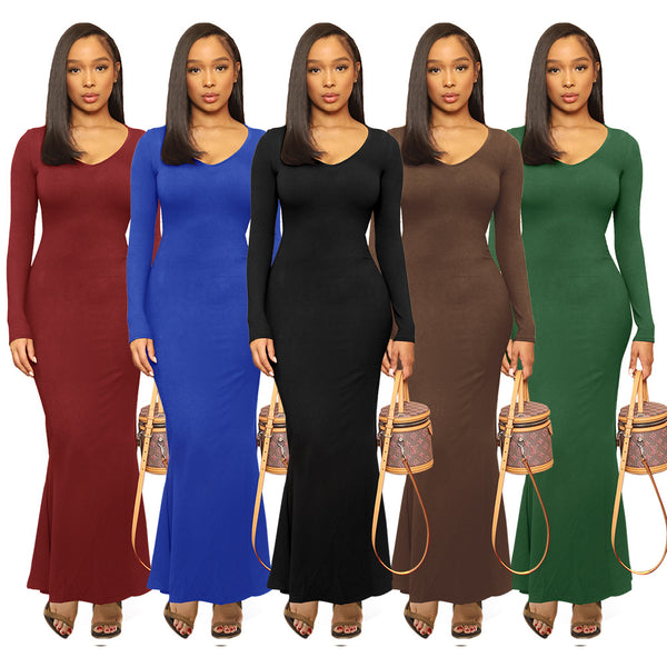 Autumn Solid Color Elegant V-neck Tight Dresses