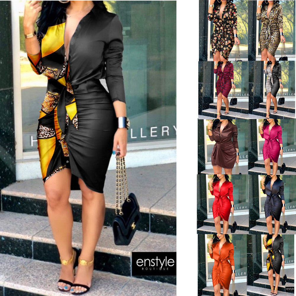 Women's Summer V-neck Lace-up Solid Color Long Sleeve Midi Dress Dresses