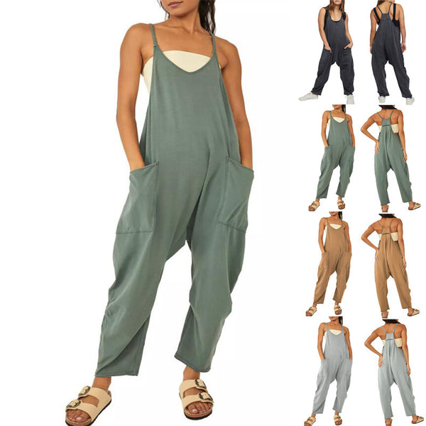 Women's Casual Solid Color V-neck Suspender Pocket Jumpsuits