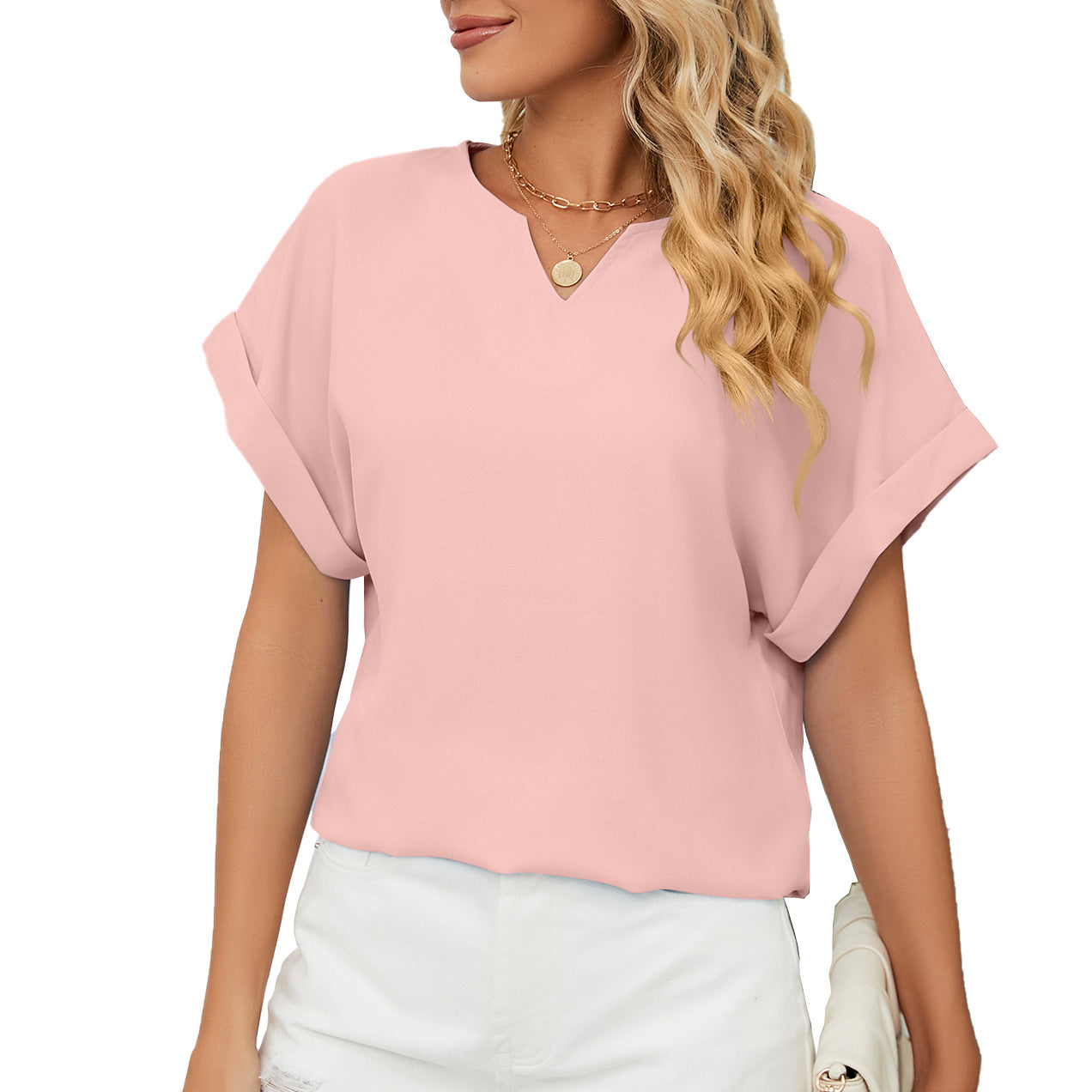 Women's Solid Color V-neck Short-sleeved Loose Blouses