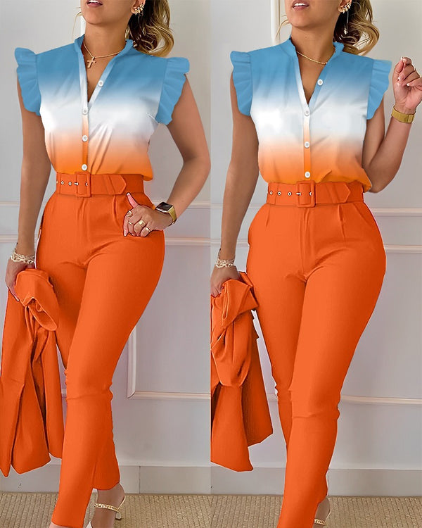 Women's Fashion Casual Ruffle Sleeve Two-piece Set Suits