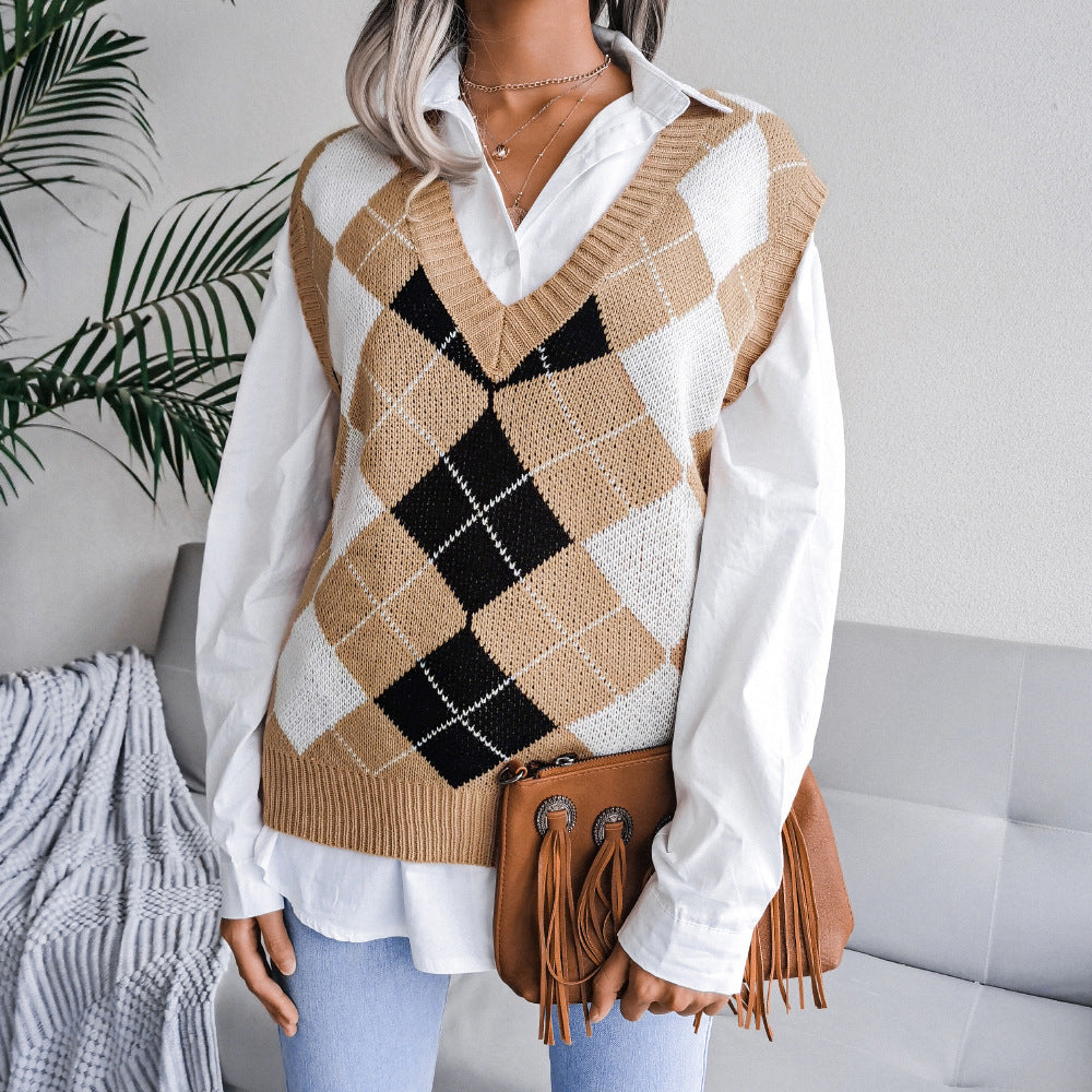 Women's College Rhombus V-neck Casual Loose Knitted Sweaters