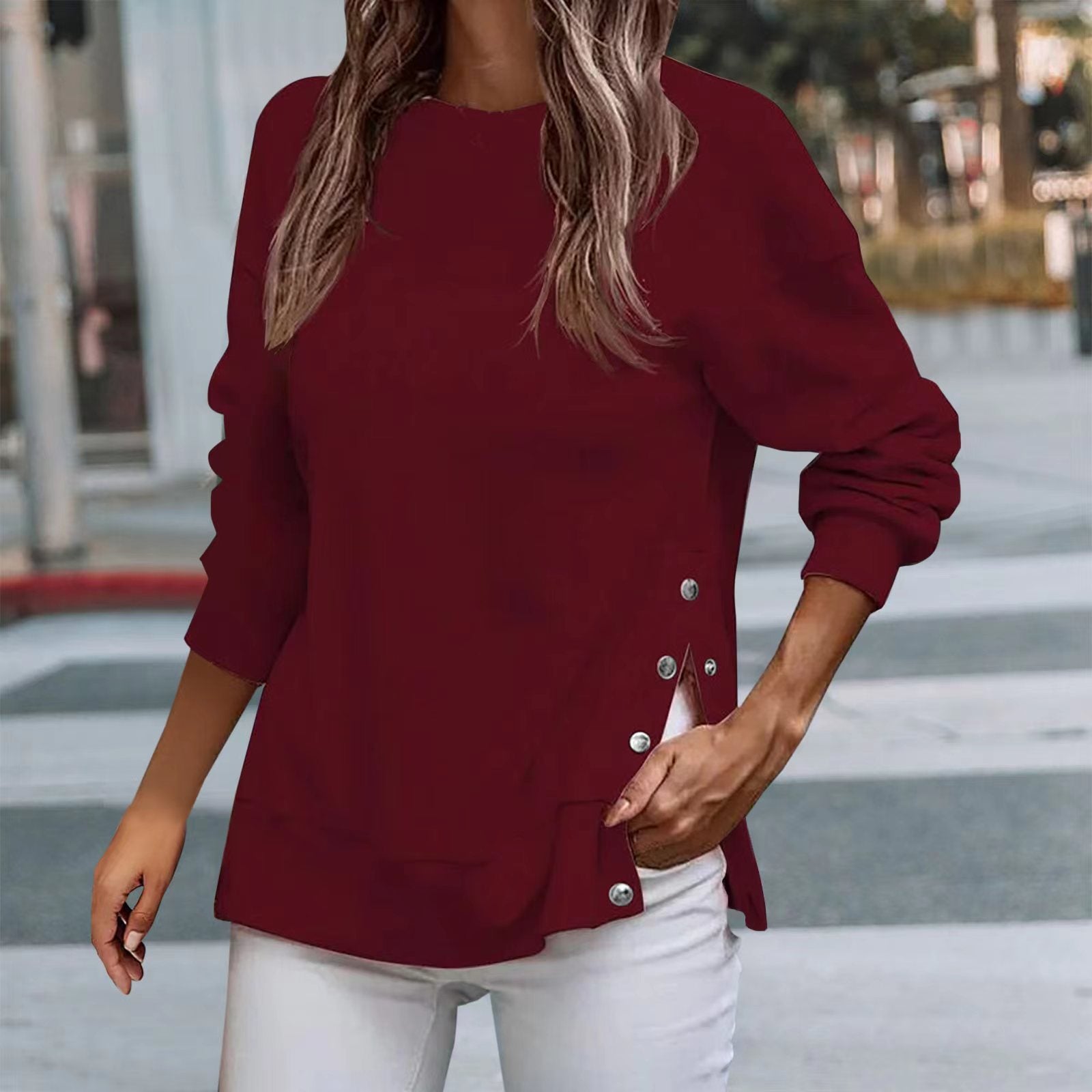 Women's Round Neck Drop-shoulder Long-sleeve Button T-shirt Sweaters