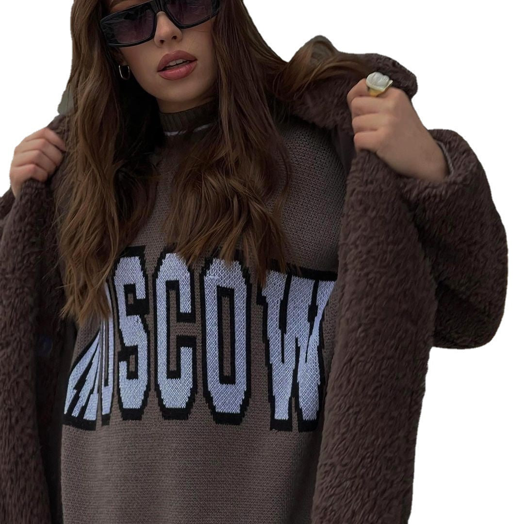 Women's Color Loose Style Letter Warm Long Sweaters