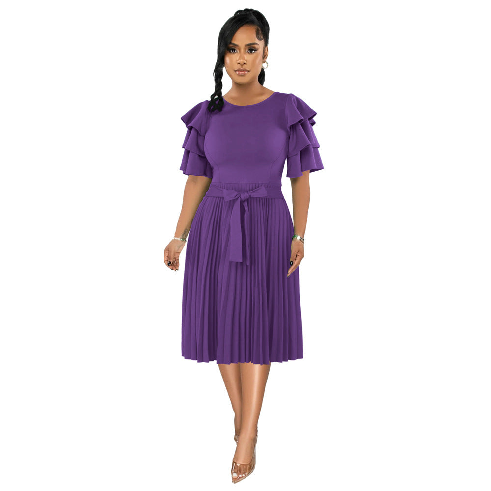 Women's Temperament Slimming Round Neck Ruffled Sleeves Dresses