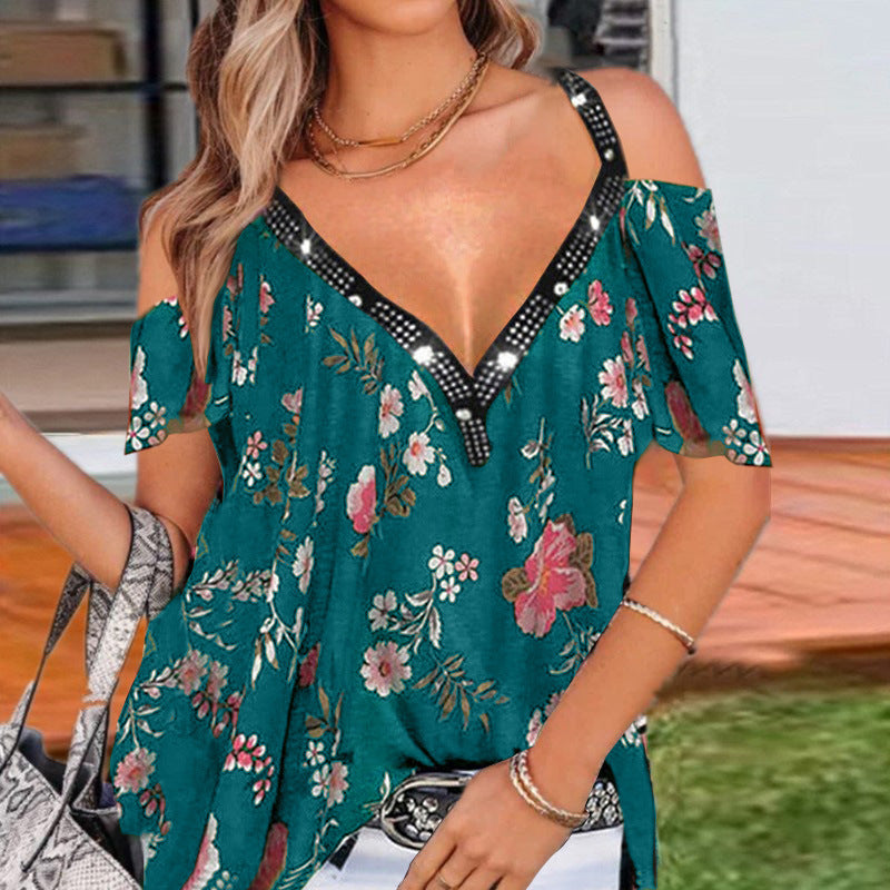 Women's Summer Temperament Commute V-neck Printed Off-the-shoulder Blouses