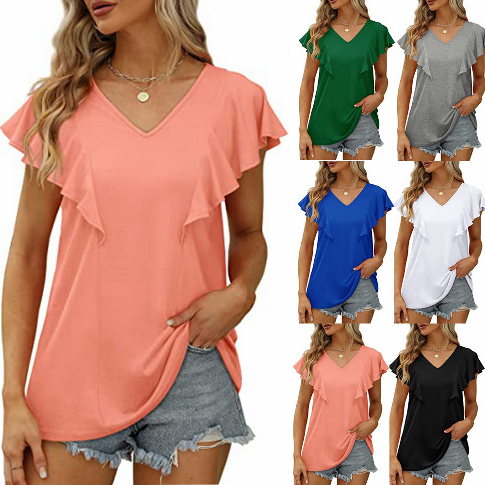 Women's Summer Ruffle V-neck Pleated Short-sleeved Blouses